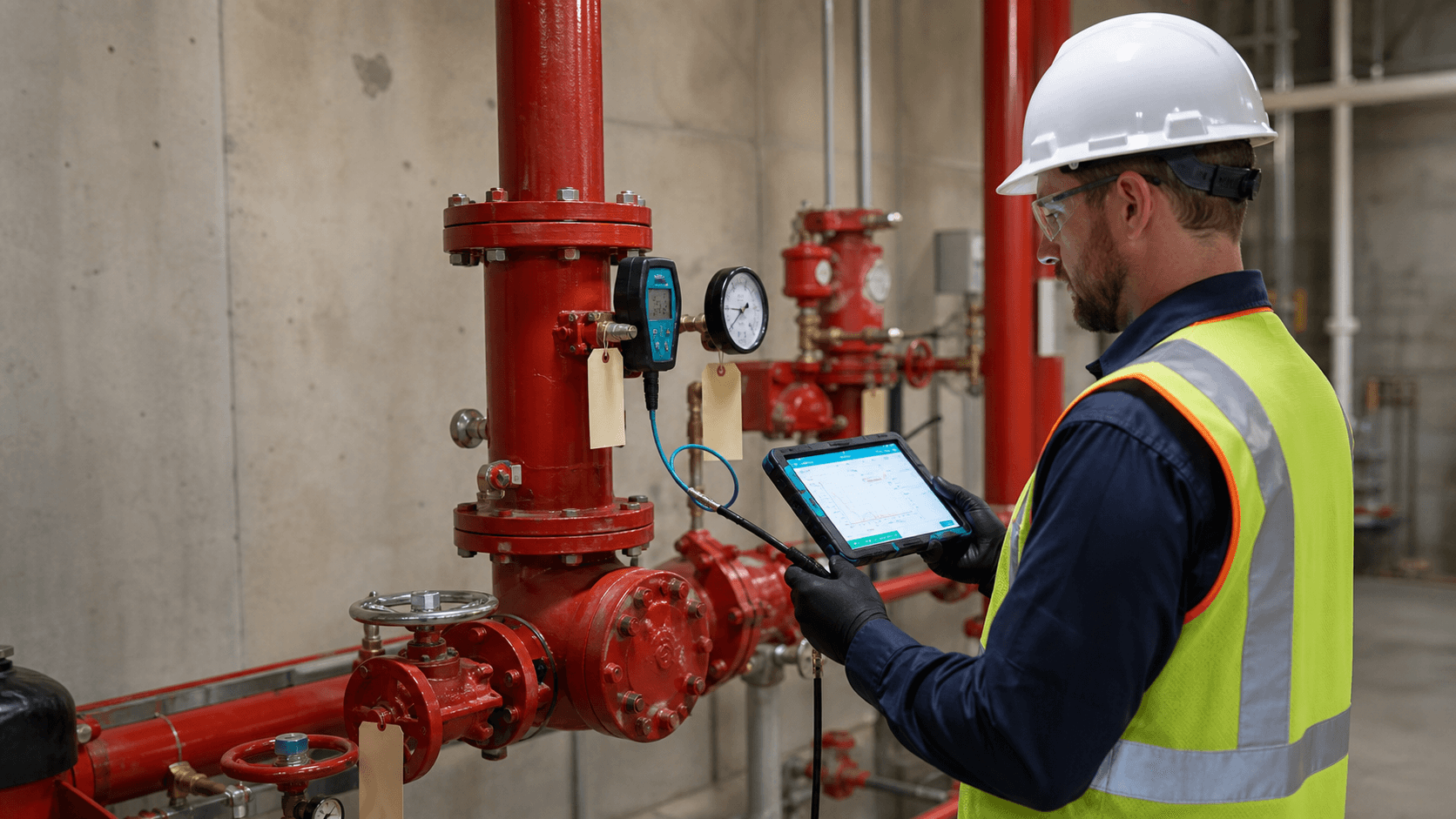 Sprinkler riser and standpipe pressure-test evidence with gauge reading, job photos, and witness sign-off