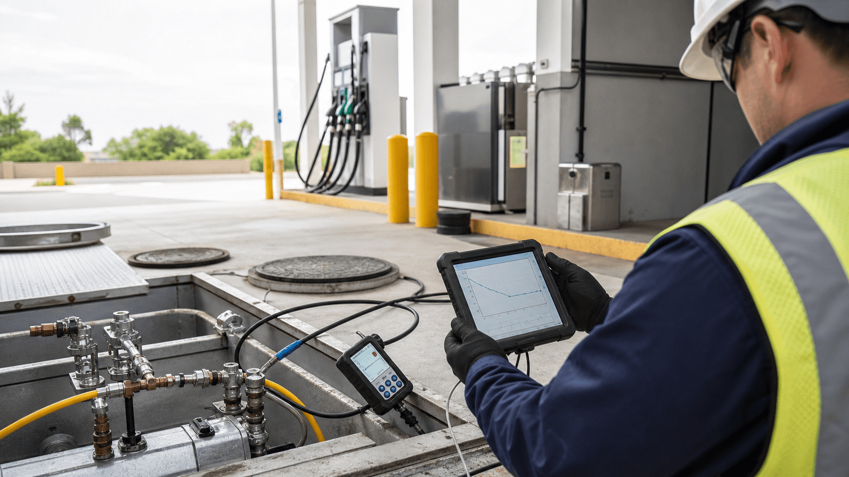Fuel UST containment and product line test evidence with site records, photos, timestamps, and review fields
