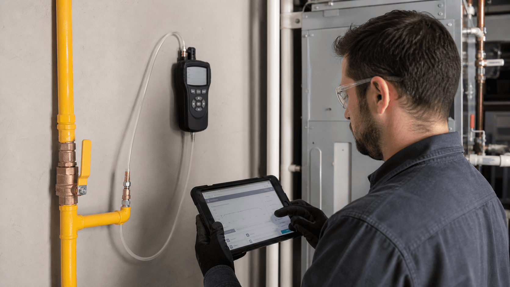 Gas line manometer pressure-test evidence with reading, job photos, timestamp, and sign-off fields