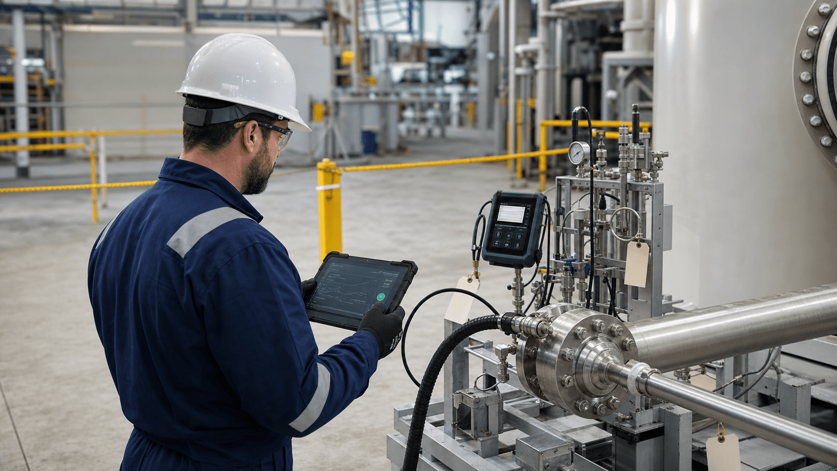 Industrial process line pressure test pack evidence with logger readings, asset tags, photos, and QA sign-off fields