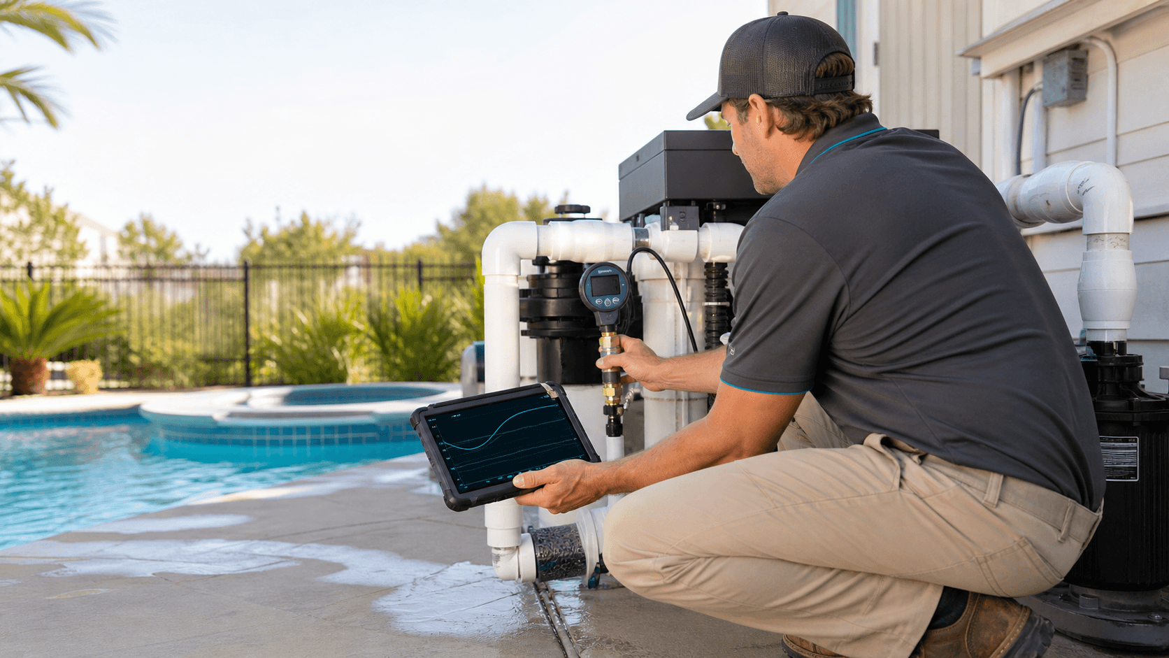 Pool equipment pad with pressure-test evidence captured for pool plumbing lines